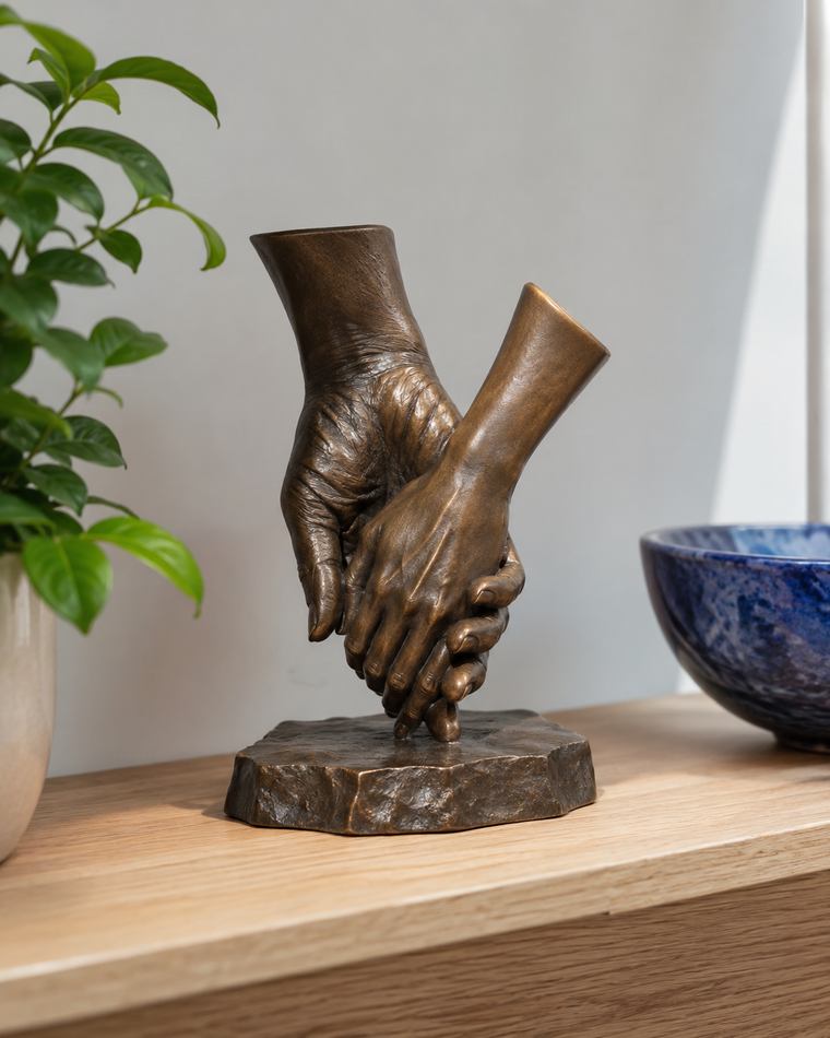 Escultura de bronze de dues mans agafades sobre una lleixa de roure, amb una planta i un bol blau