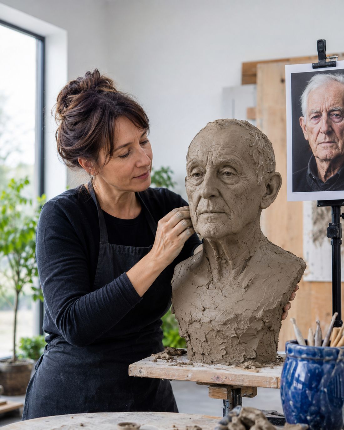 Una escultora modela amb fang el bust d'un home gran al seu taller, amb la fotografia de referència al costat