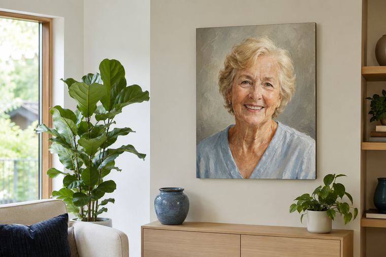 Un retrat a l'oli d'una dona gran penjat en una paret clara de casa, amb plantes i una gerra blava